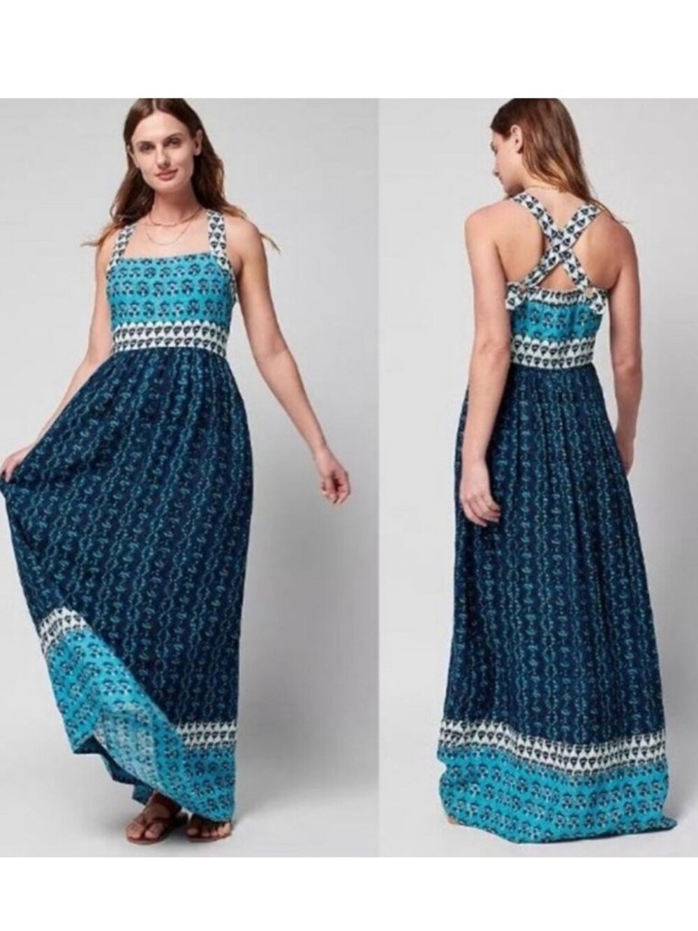 Faherty Gracie Linen Maxi Dress Blue Boho Size Medium